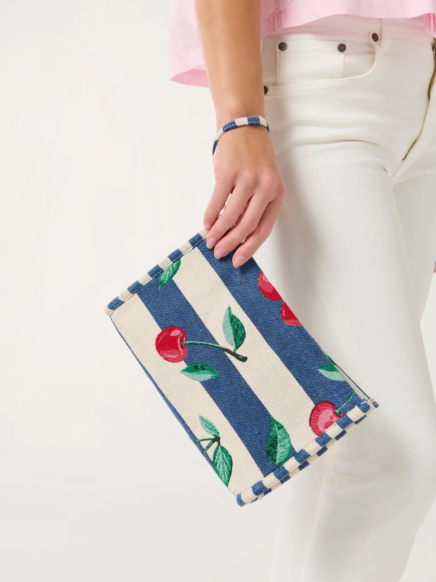 Cherry Stripe Jacquard Wristlet Pouch with navy cream stripes and cherry motifs, Women's Purses HCO SHIRALEAH
