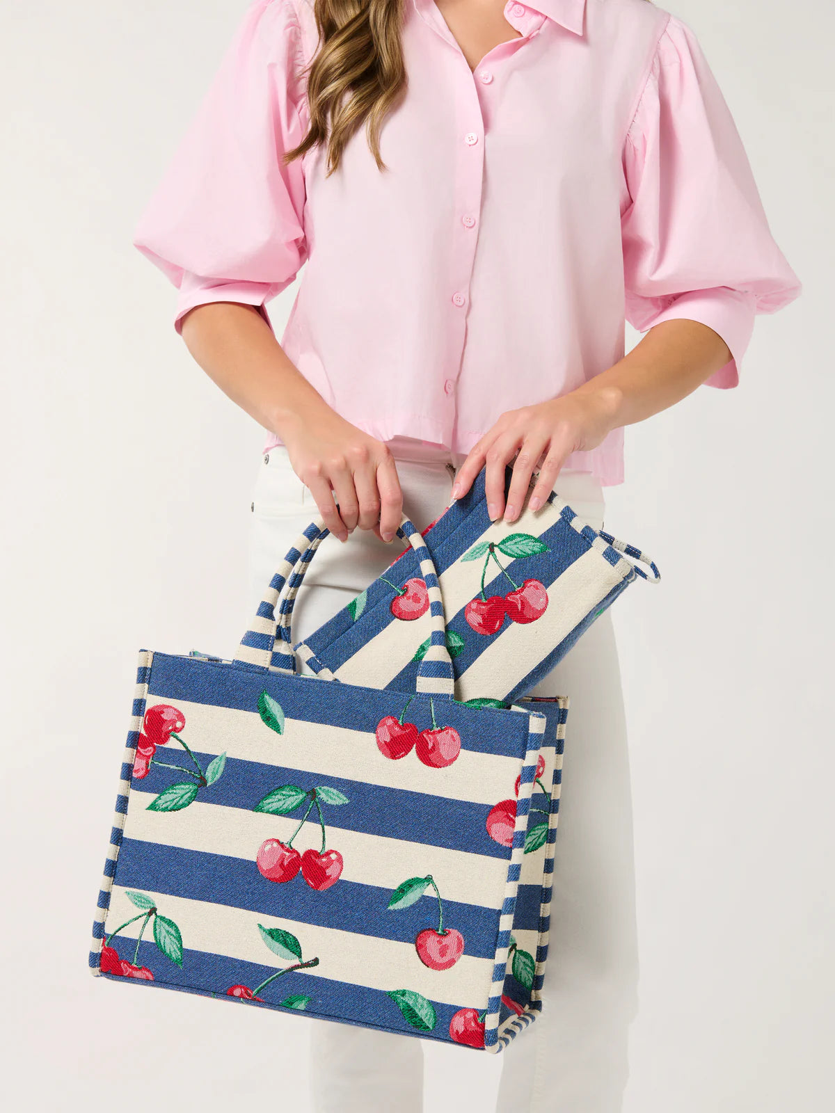 Cherry Stripe Jacquard Wristlet Pouch with navy cream stripes and cherry print, Women's Purses HCO