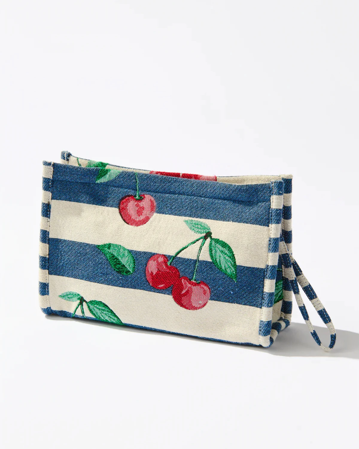 Cherry Stripe Jacquard Wristlet Pouch with navy cream stripes and cherry pattern, SHIRALEAH HCO Women's Purses