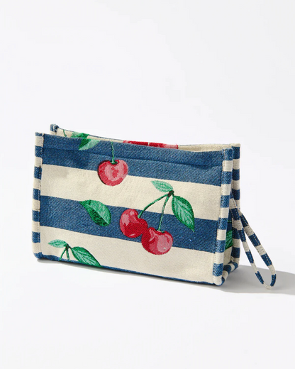 Cherry Stripe Jacquard Wristlet Pouch with navy cream stripes and cherry pattern, SHIRALEAH HCO Women's Purses