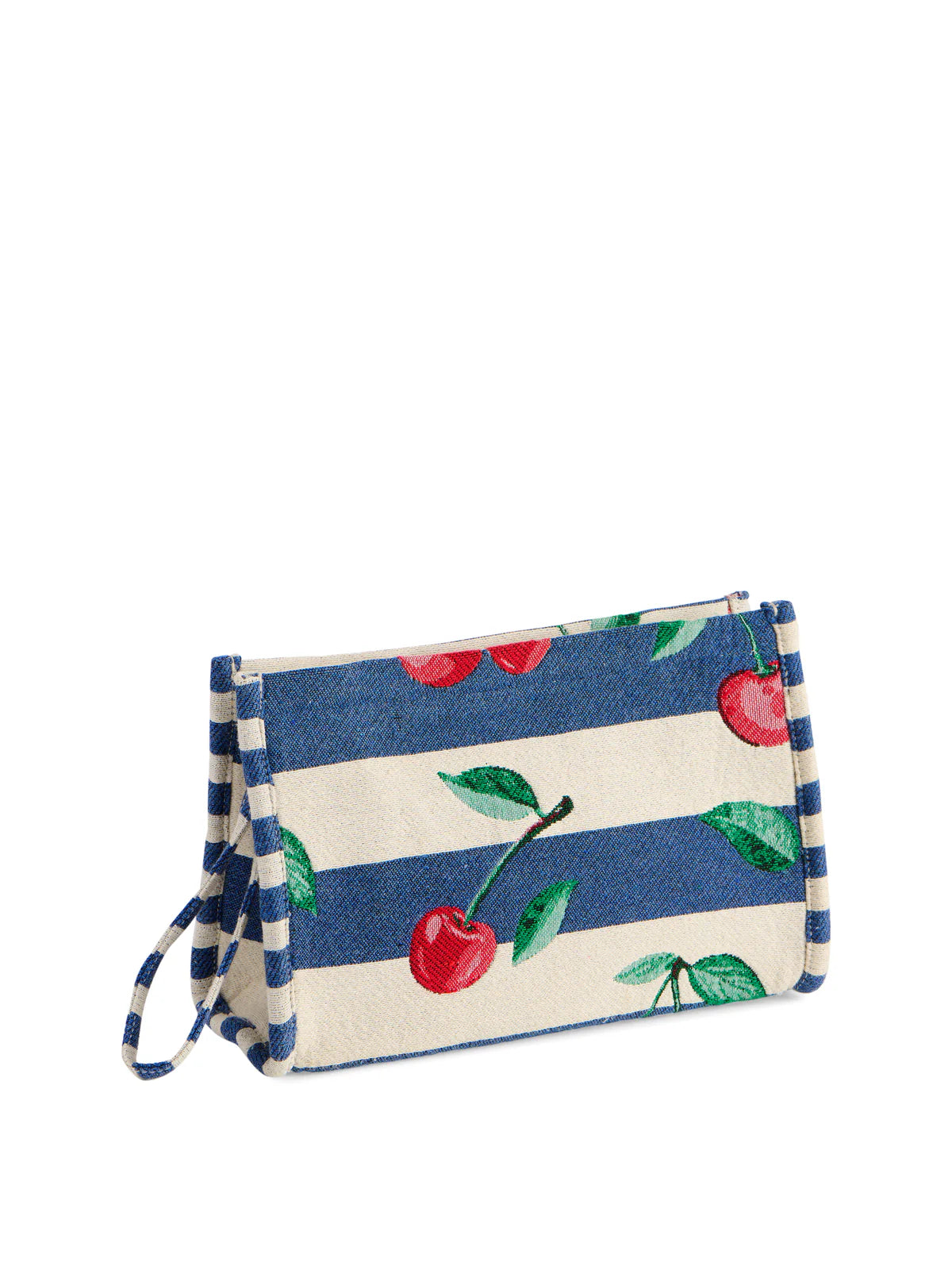 Cherry Stripe Jacquard Wristlet Pouch with navy cream stripes and cherry motifs, SHIRALEAH Women's Purses HCO