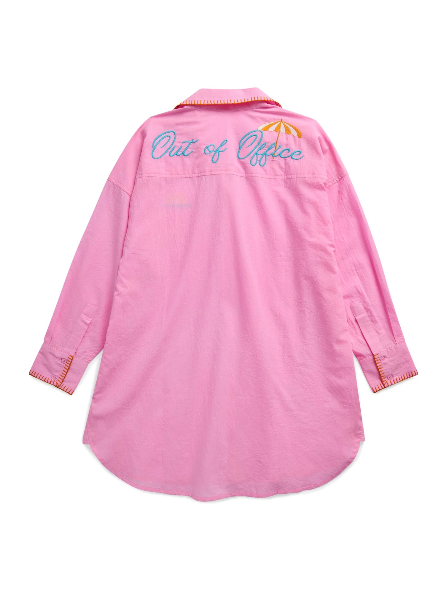 Vacay/Out of Office" Cover-Up Shirt in pink with embroidered back text and contrast stitching by SHIRALEAH