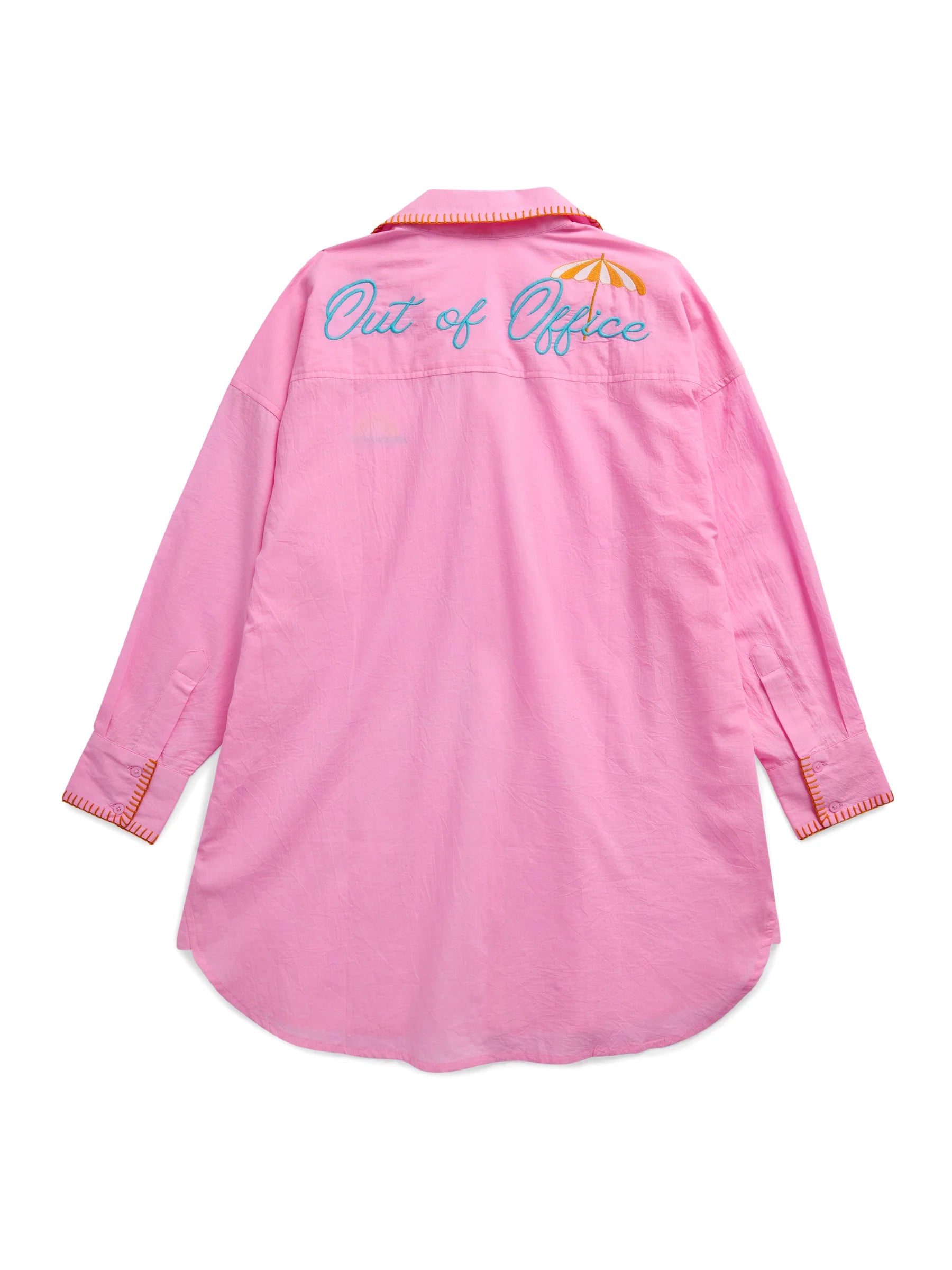 Vacay/Out of Office" Cover-Up Shirt in pink with embroidered back text and contrast stitching by SHIRALEAH