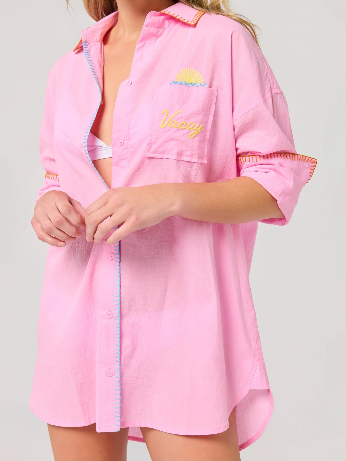 Vacay/Out of Office" Cover-Up Shirt in pink with embroidered sun and text by SHIRALEAH