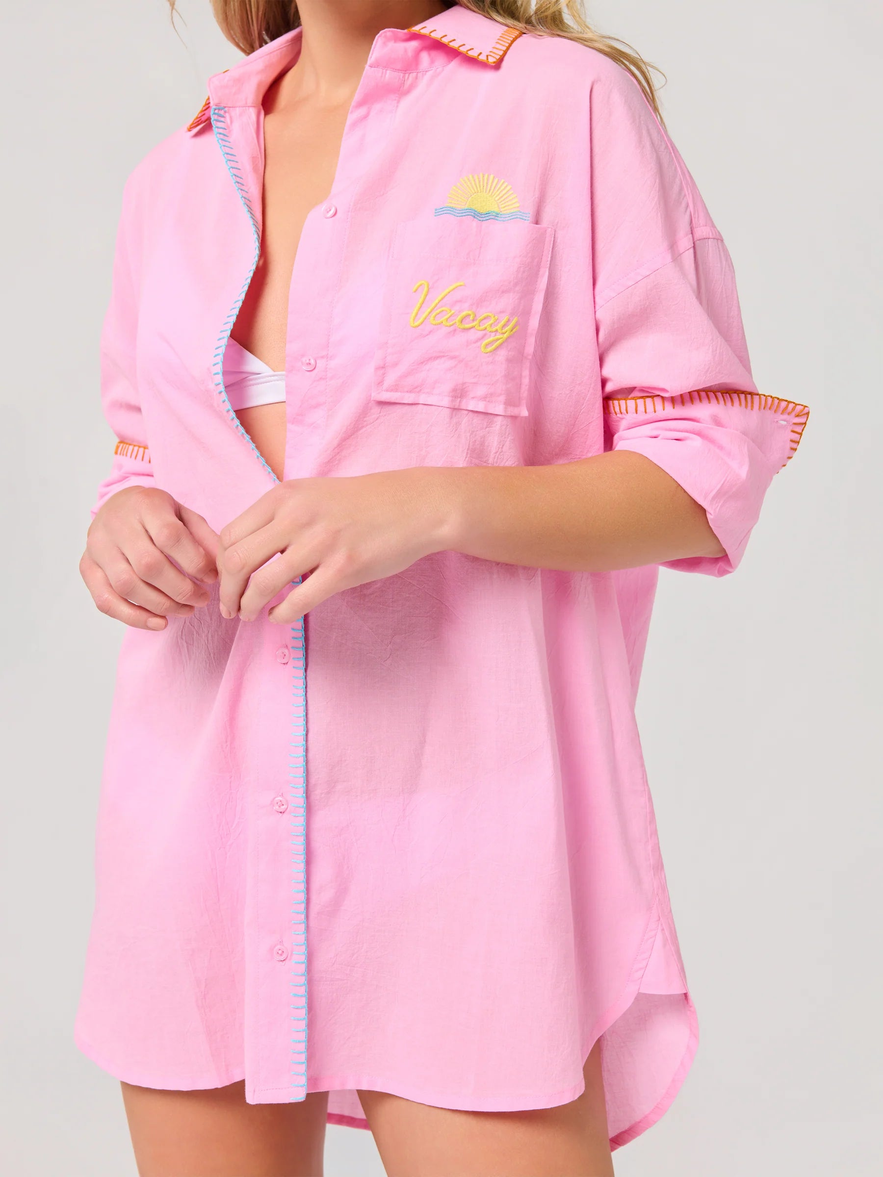 Vacay/Out of Office" Cover-Up Shirt in pink with embroidered sun and text by SHIRALEAH