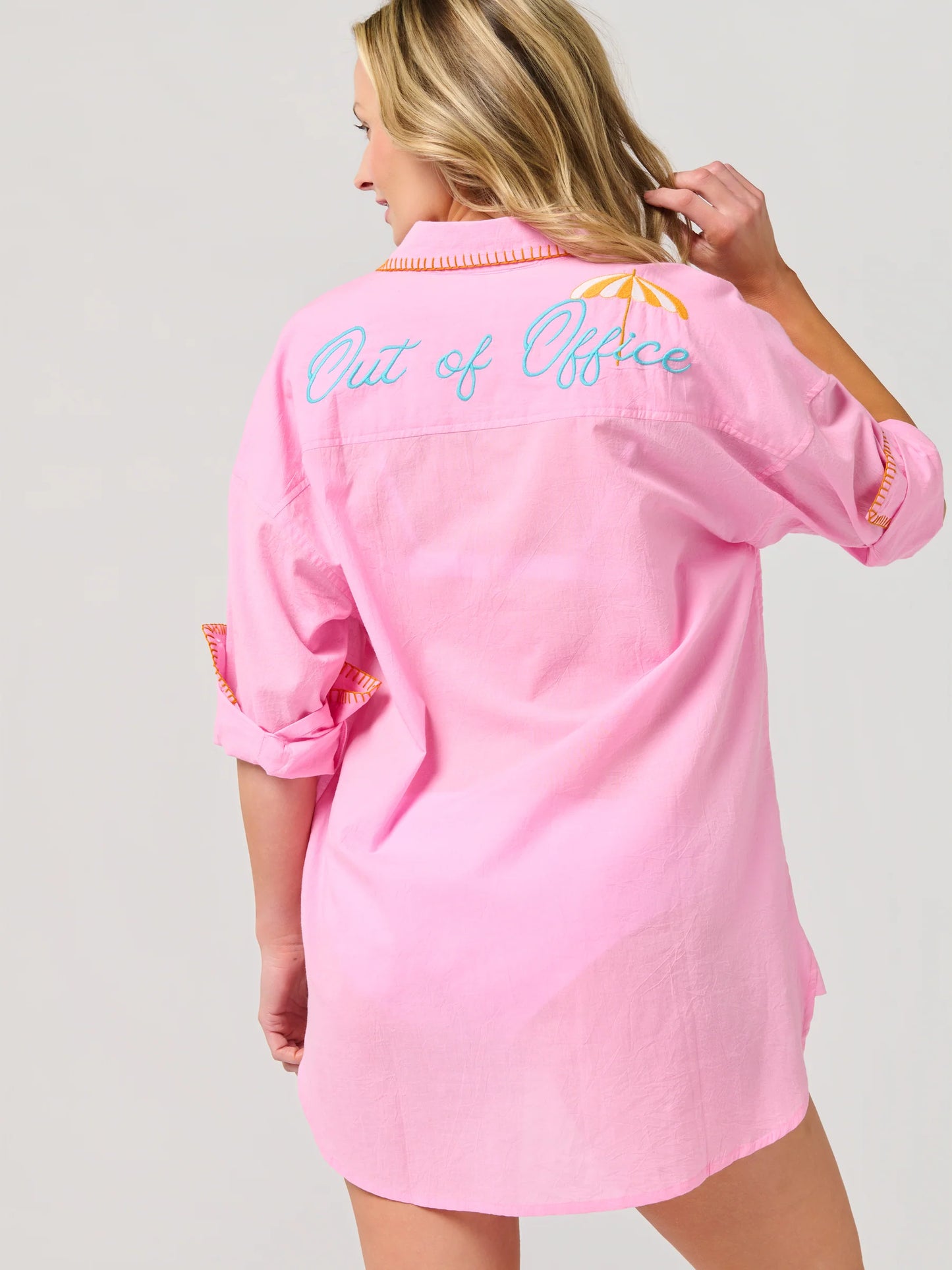 Vacay/Out of Office" Cover-Up Shirt in pink with embroidered back text by SHIRALEAH
