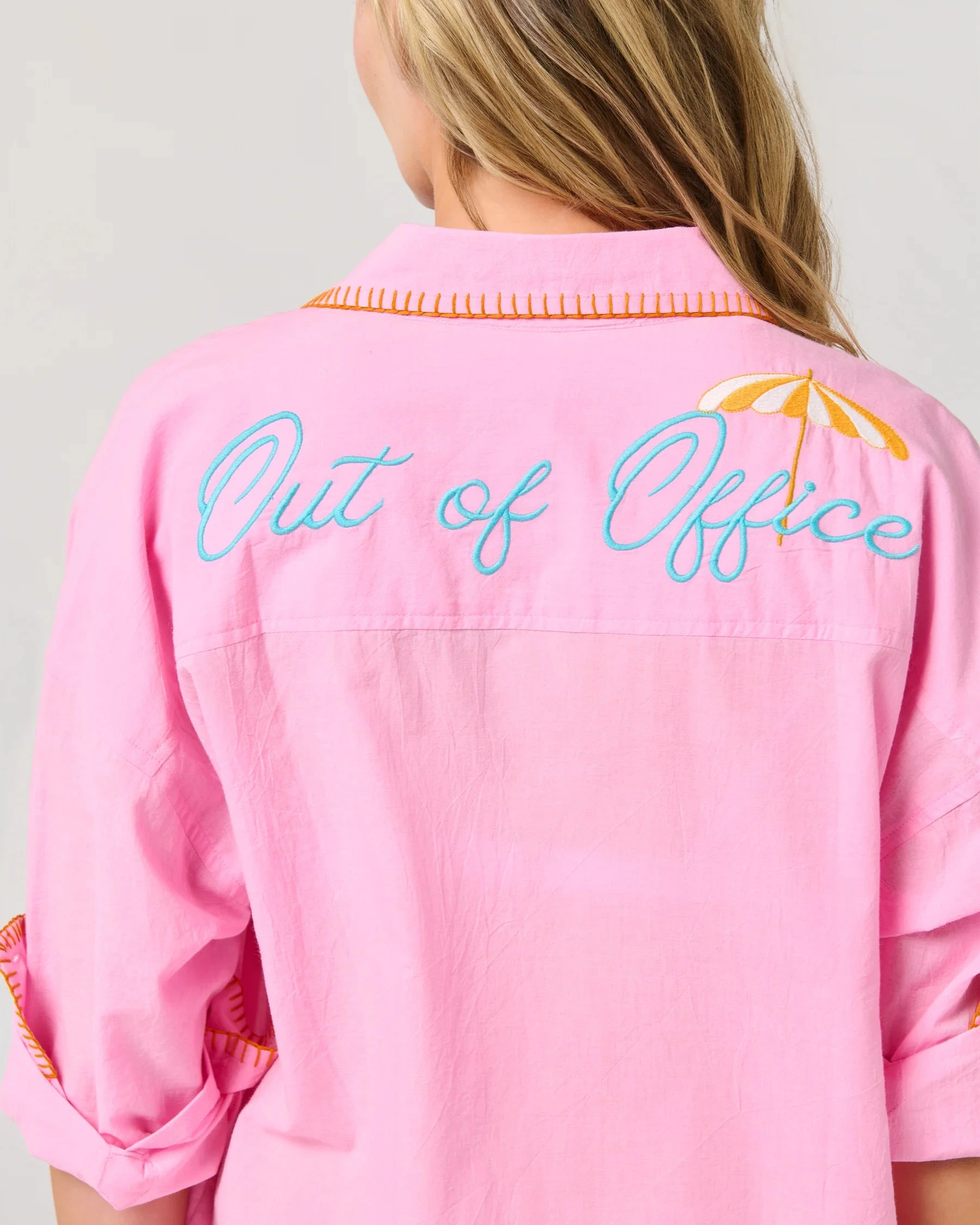 Vacay/Out of Office" Cover-Up Shirt in pink with embroidered back detail by SHIRALEAH