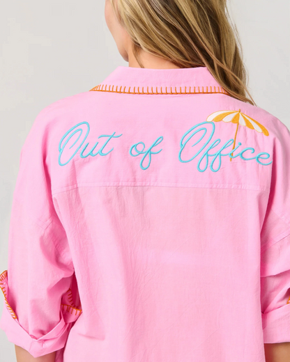 Vacay/Out of Office" Cover-Up Shirt in pink with embroidered back detail by SHIRALEAH