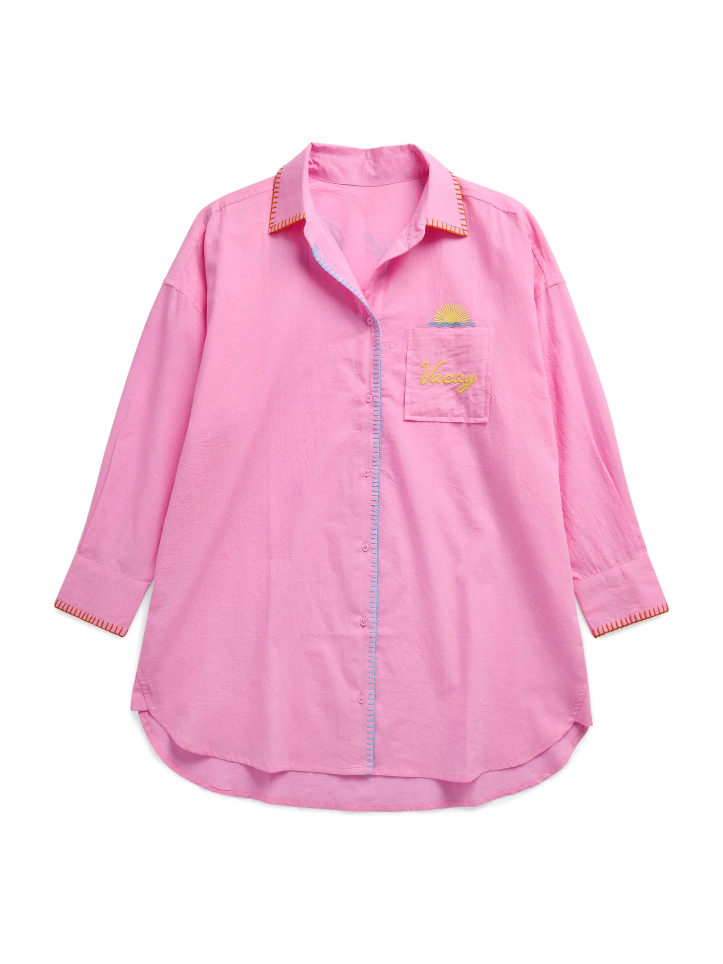 Vacay/Out of Office" Cover-Up Shirt in pink with embroidered sun and contrast stitching by SHIRALEAH