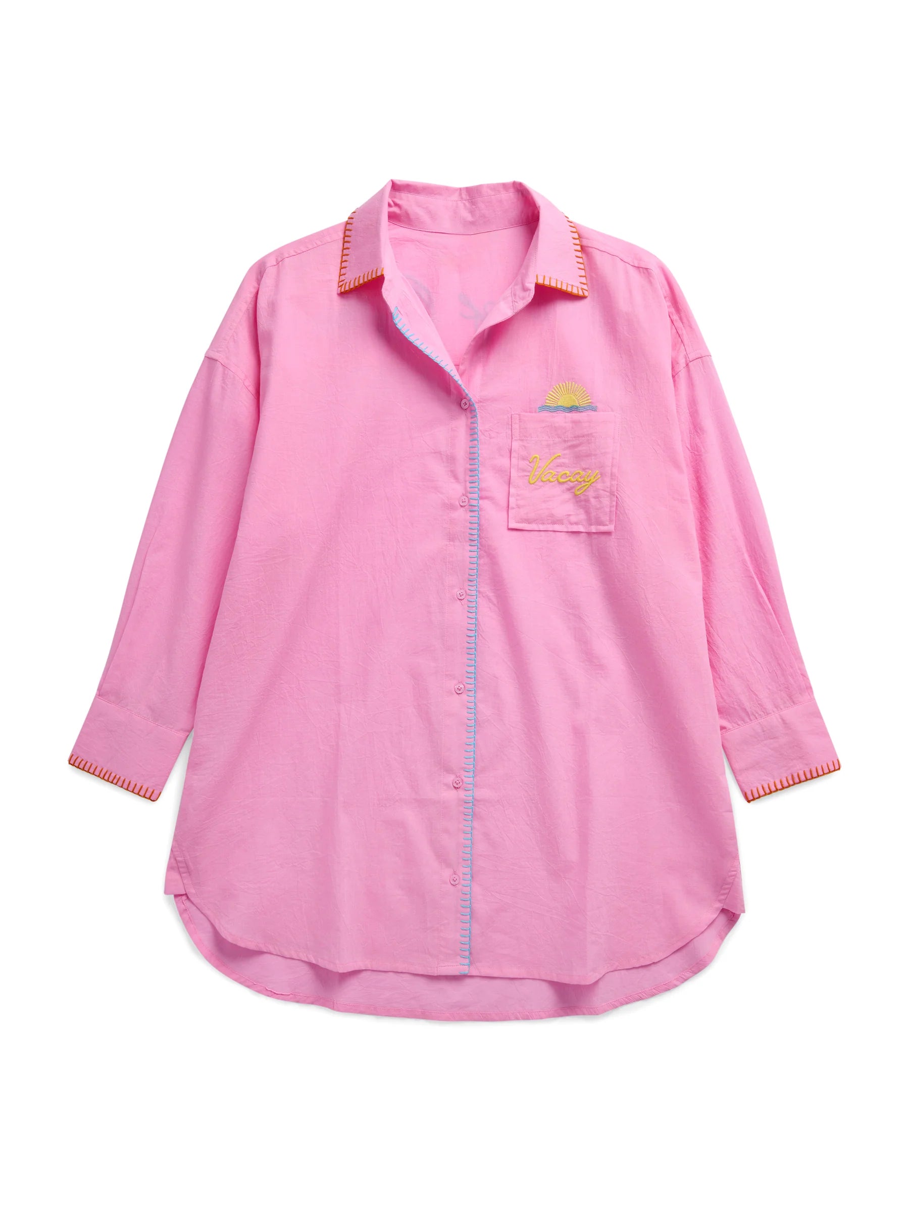 Vacay/Out of Office" Cover-Up Shirt in pink with embroidered sun and contrast stitching by SHIRALEAH