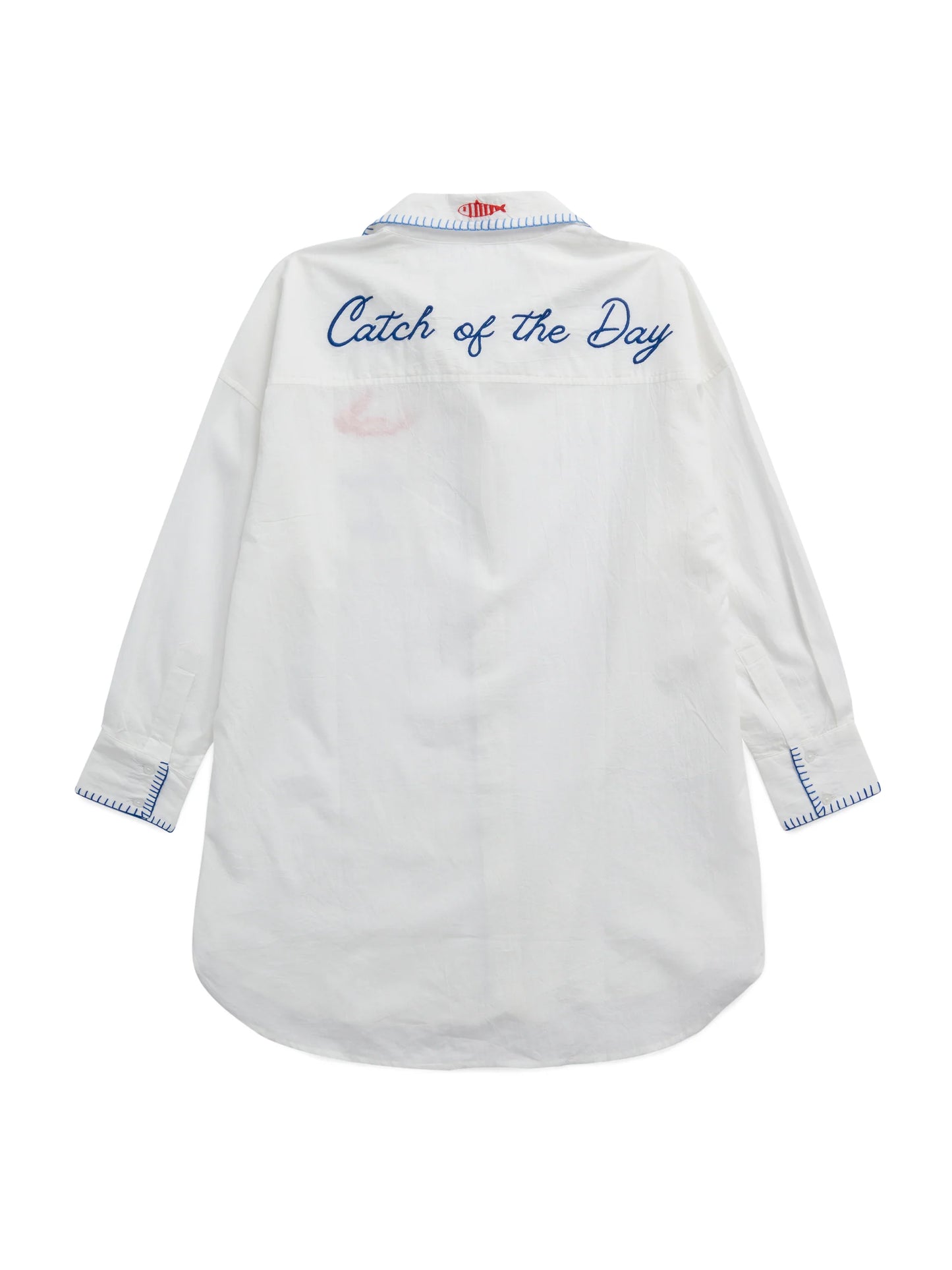 Snap & Sip/Catch of the Day" Cover- Up Shirt in white cotton with embroidered text by SHIRALEAH