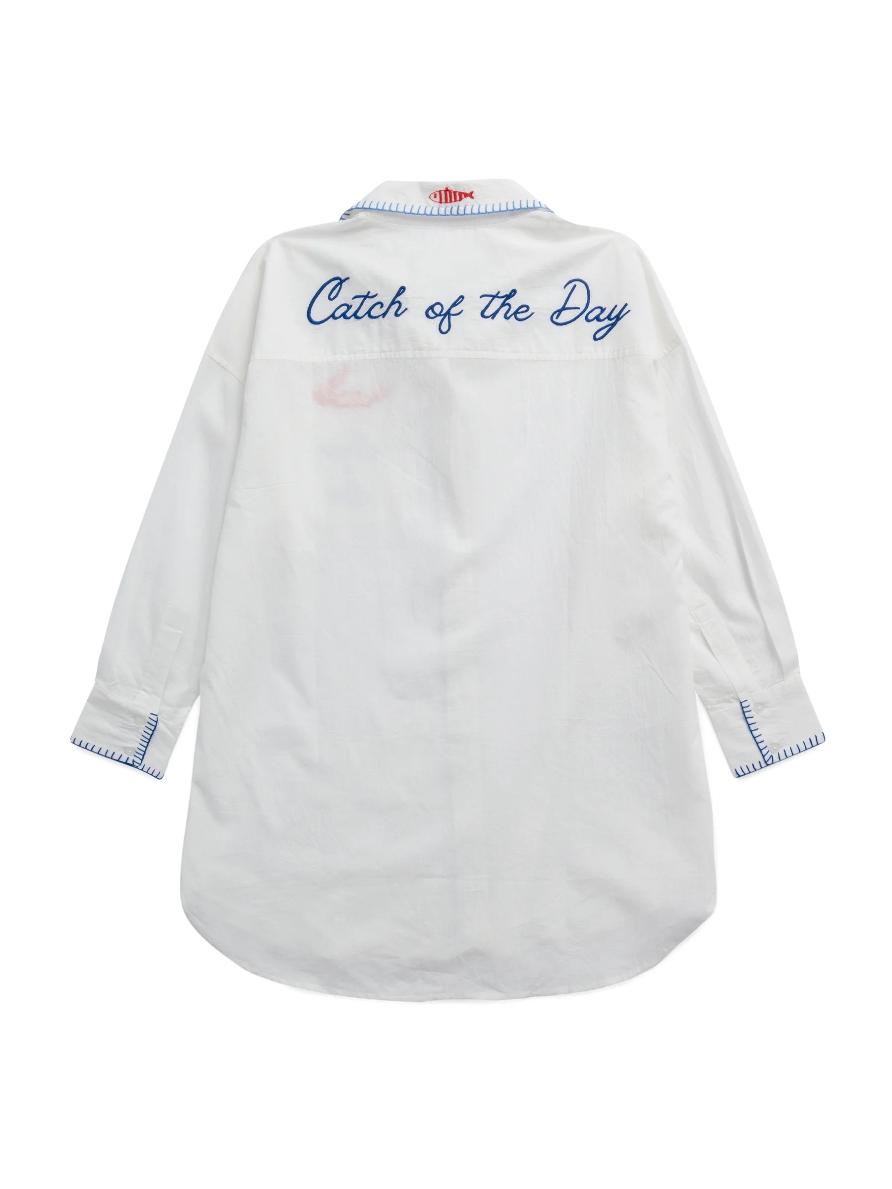 Snap & Sip/Catch of the Day" Cover- Up Shirt in white cotton with embroidered text by SHIRALEAH