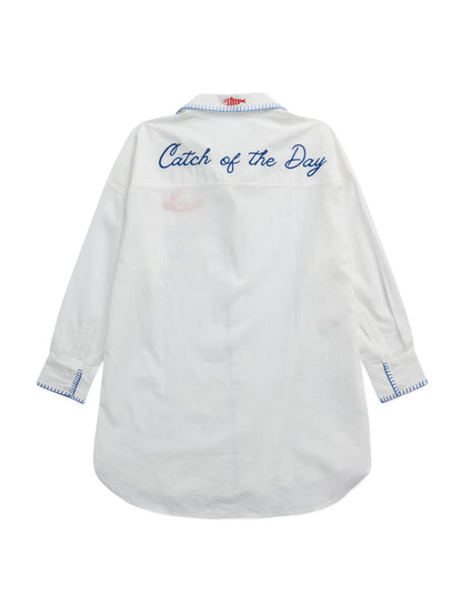 Snap & Sip/Catch of the Day" Cover- Up Shirt in white cotton with embroidered text by SHIRALEAH