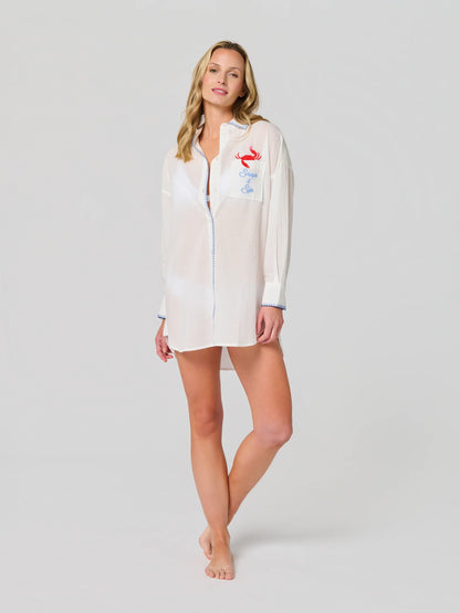 Snap & Sip/Catch of the Day" Cover- Up Shirt in white cotton with crab embroidery by SHIRALEAH