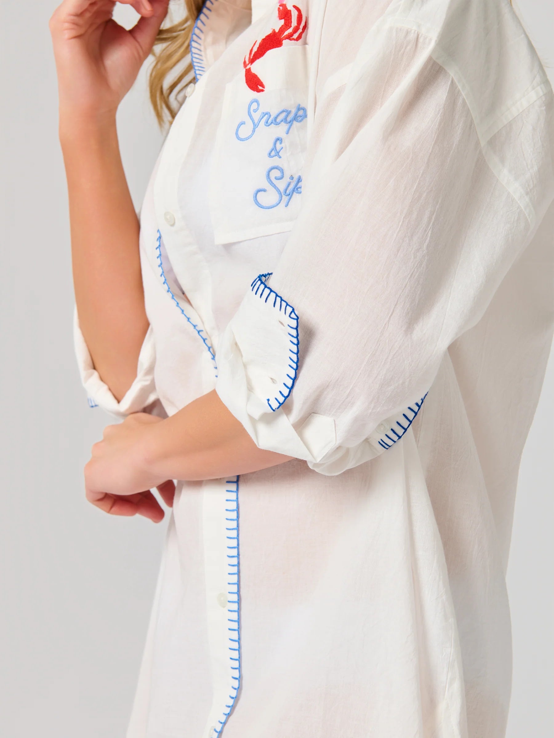 Snap & Sip/Catch of the Day" Cover- Up Shirt in white cotton with crab embroidery, SHIRALEAH