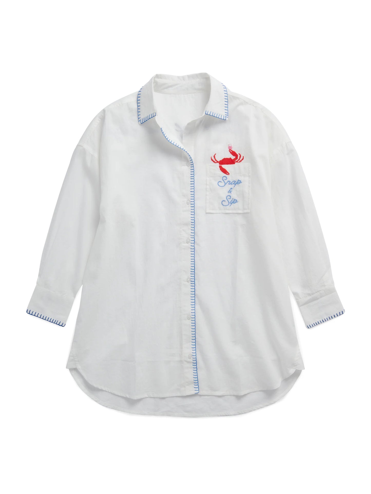 Snap & Sip/Catch of the Day" Cover-Up Shirt in white cotton with crab embroidery by SHIRALEAH