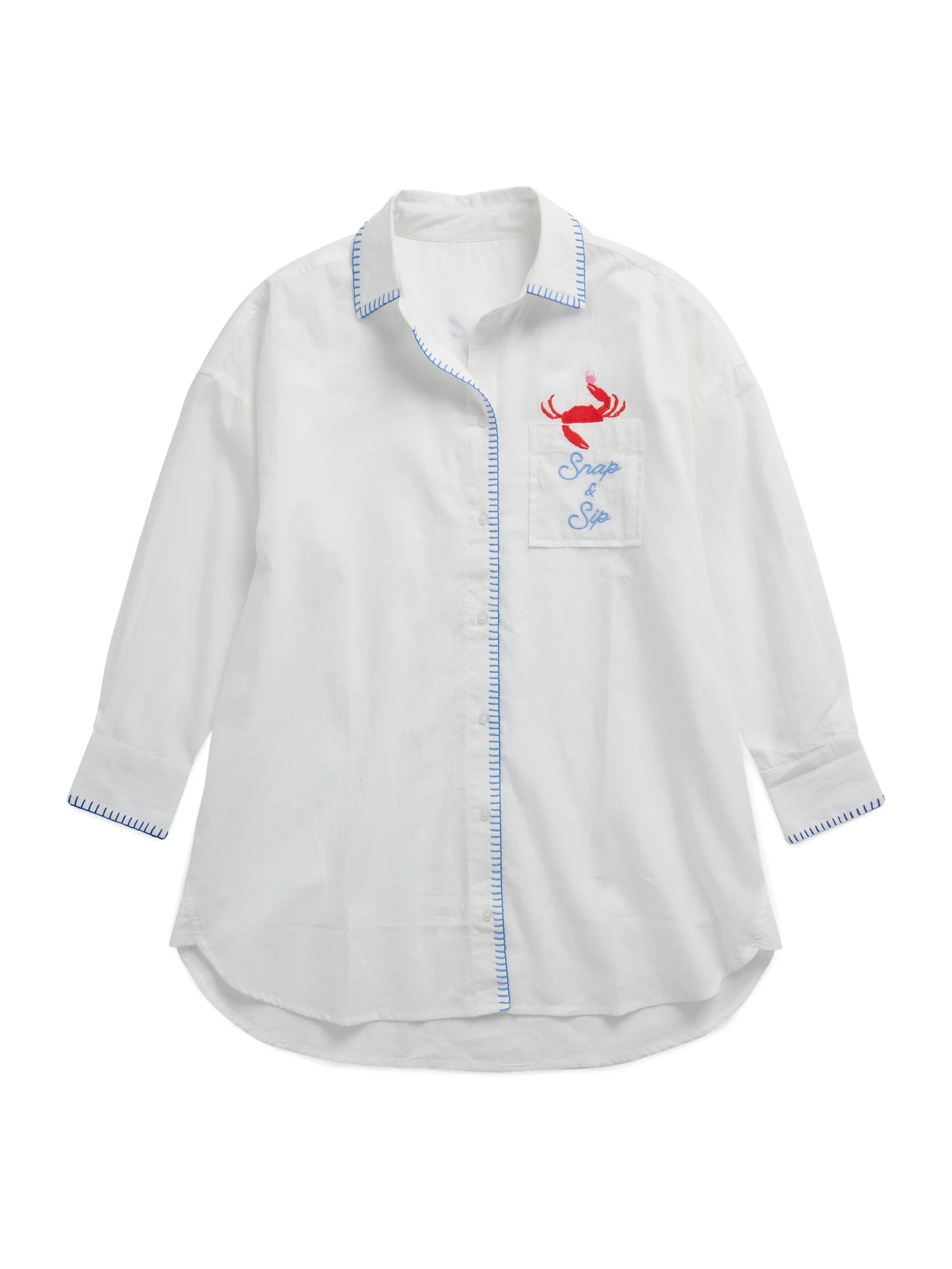 Snap & Sip/Catch of the Day" Cover-Up Shirt in white cotton with crab embroidery by SHIRALEAH