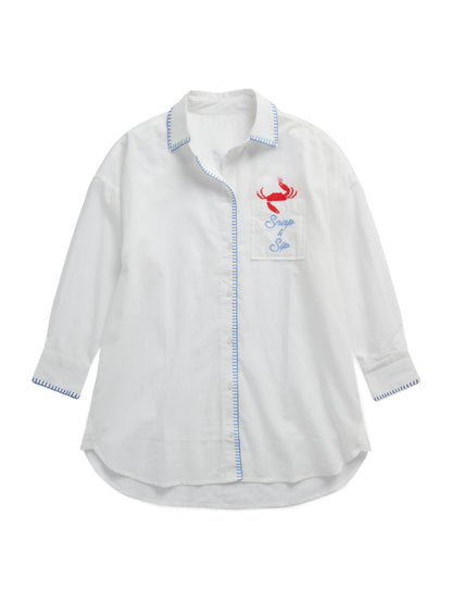 Snap & Sip/Catch of the Day" Cover-Up Shirt in white cotton with crab embroidery by SHIRALEAH