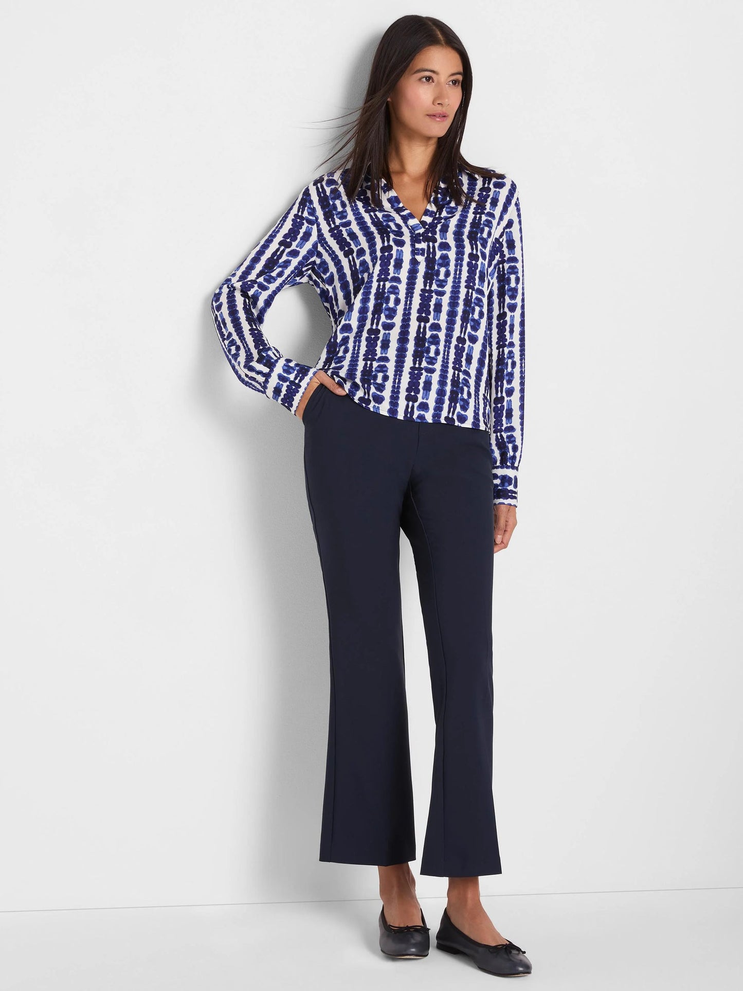 Shibori Stripe Top in blue with long bishop sleeves and shirt collar by NIC AND ZOE
