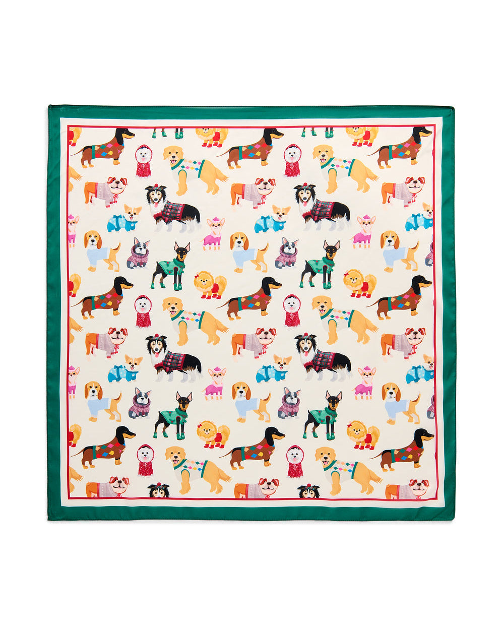 Doggies Square Scarf with playful pup pattern and green border by SHIRALEAH Women’s Accessories
