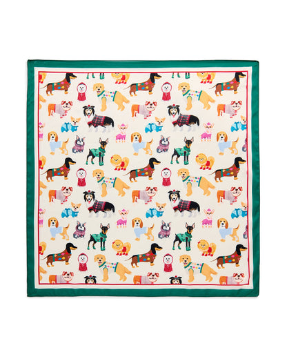 Doggies Square Scarf with playful pup pattern and green border by SHIRALEAH Women’s Accessories