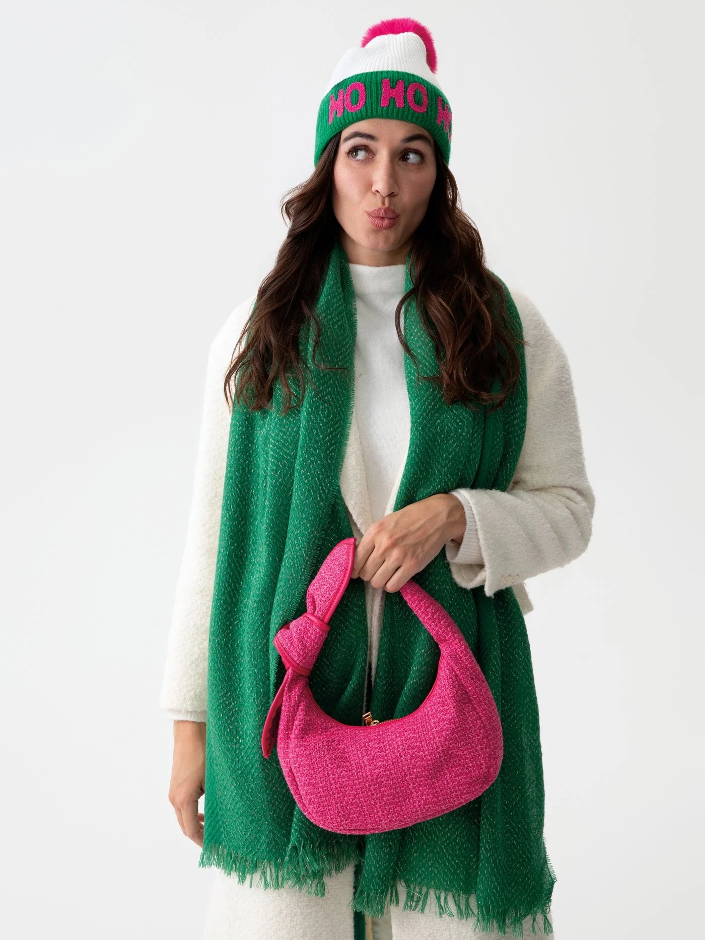 Belle Scarf in green with raw tufted hem and subtle lurex thread from SHIRALEAH Women's Accessories