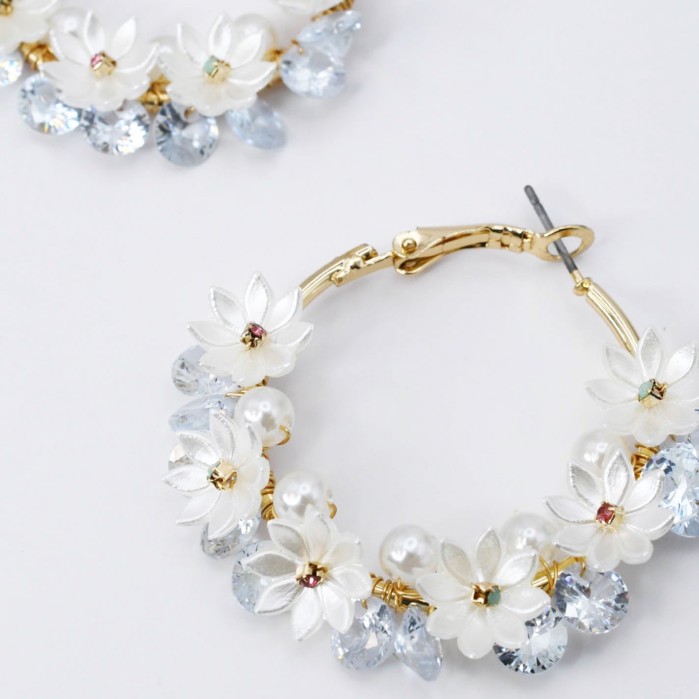 Crystal Garden Hoop N12 with gold, pearl beads, clear crystals, personally curated Fredericksburg TX