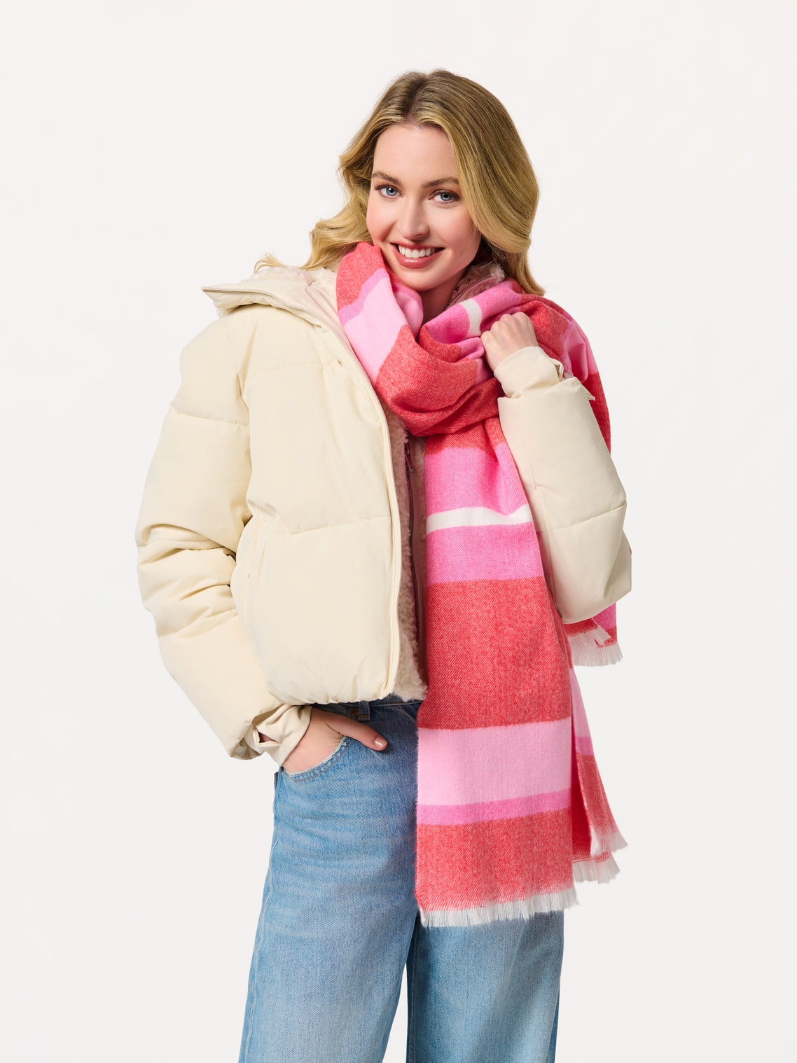 Kayla Scarf with wide pink and red striped pattern, lightweight and cozy, SHIRALEAH at HCO