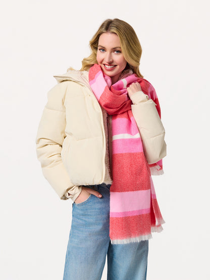 Kayla Scarf with wide pink and red striped pattern, lightweight and cozy, SHIRALEAH at HCO