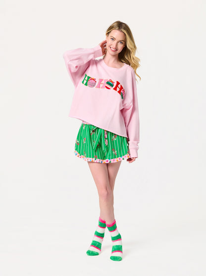 Fuzzy Stripe Socks in festive green, white, and pink stripes from SHIRALEAH at HCO FBG