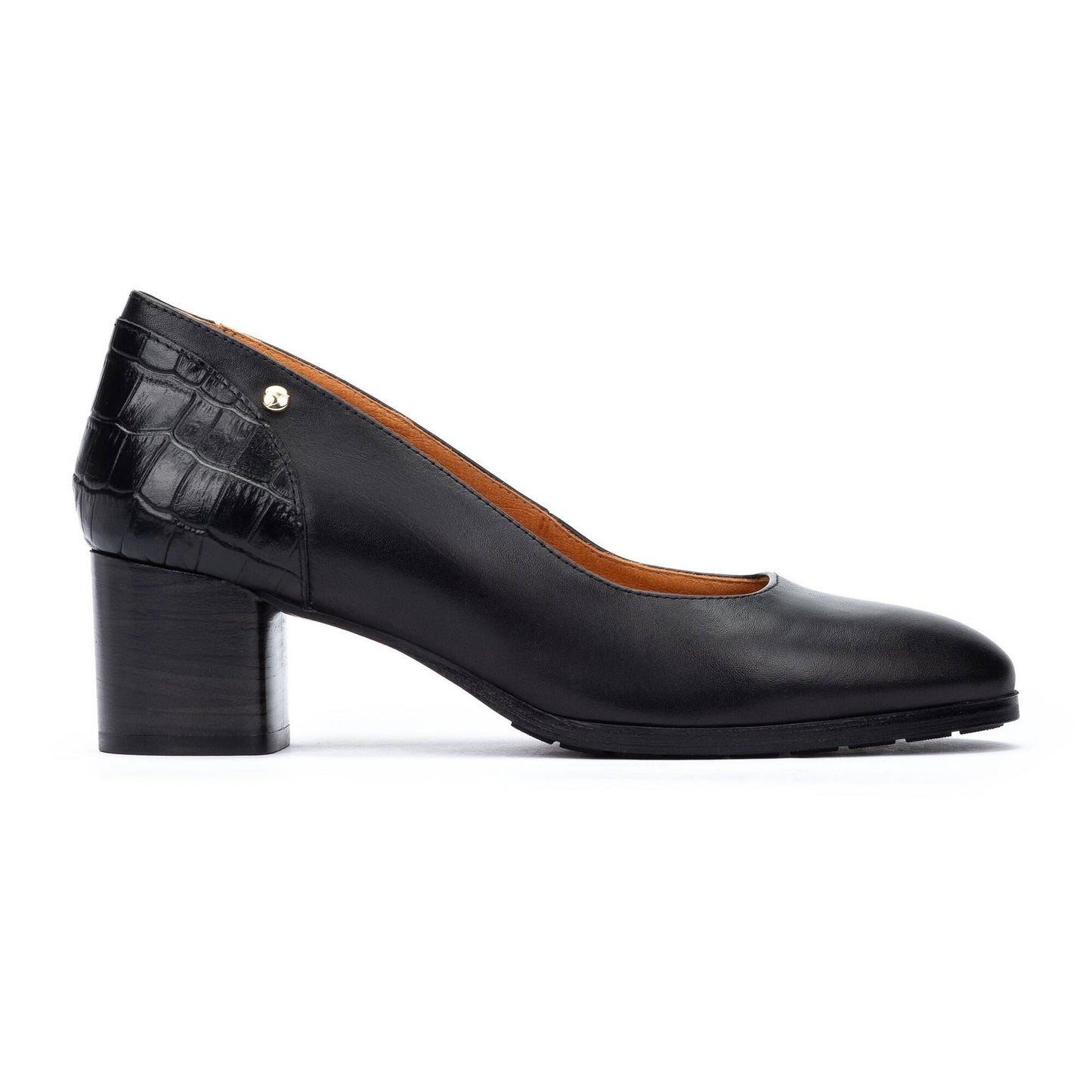 Calafat W1Z-5920C1 black leather heels with block heel and embossed detail, PIKOLINOS Women’s Shoes