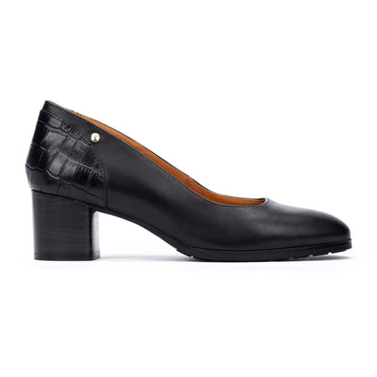 Calafat W1Z-5920C1 black leather heels with block heel and embossed detail, PIKOLINOS Women’s Shoes