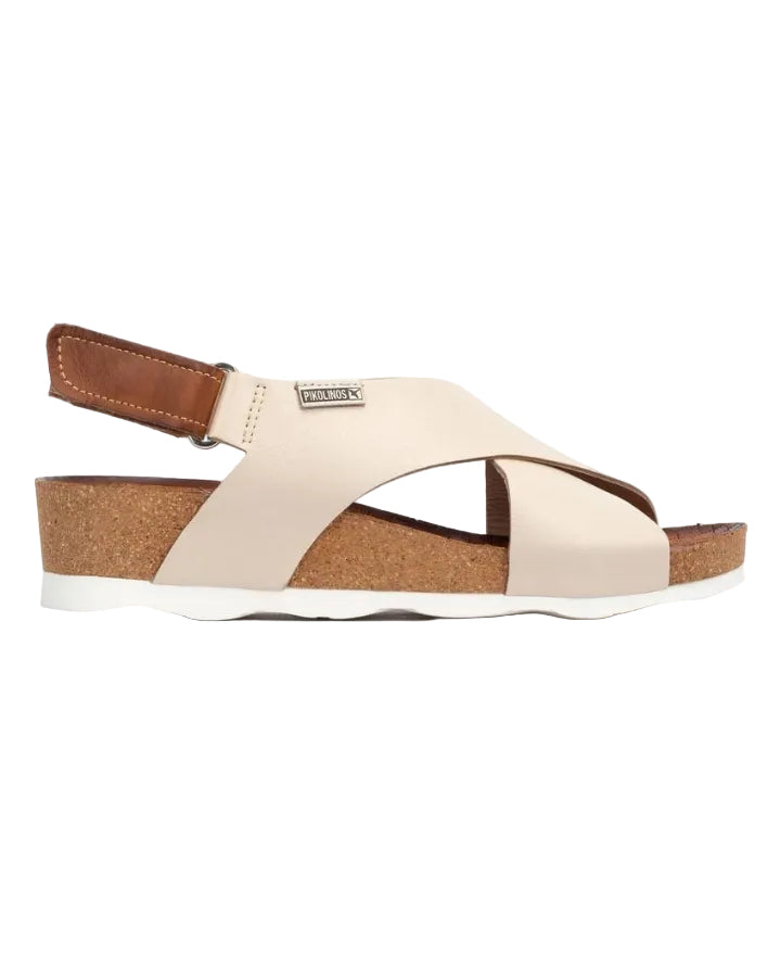 Sandalias tipo cuña con tiras cruzadas marfil y suela de corcho