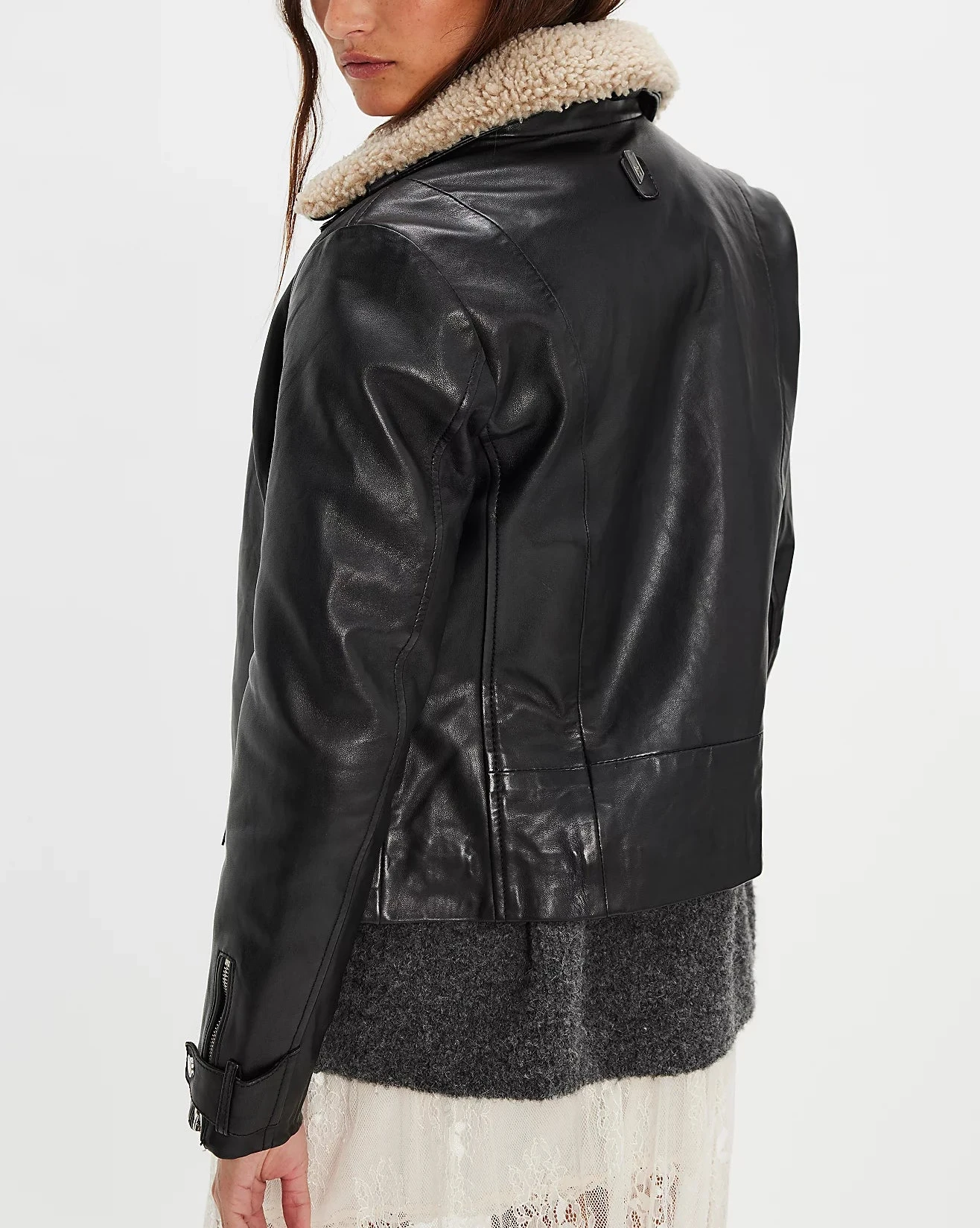 Tammy Cf black leather aviator jacket with faux sherpa collar from MAURITIUS women's collection