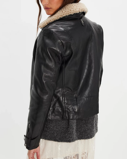 Tammy Cf black leather aviator jacket with faux sherpa collar from MAURITIUS women's collection