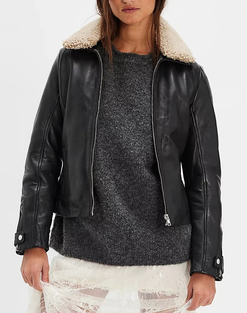 Tammy Cf black leather aviator jacket with cream faux sherpa collar from MAURITIUS collection