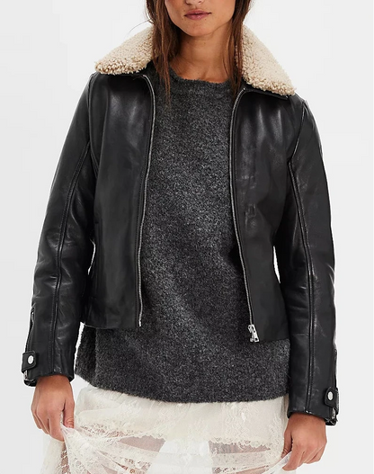 Tammy Cf black leather aviator jacket with cream faux sherpa collar from MAURITIUS collection