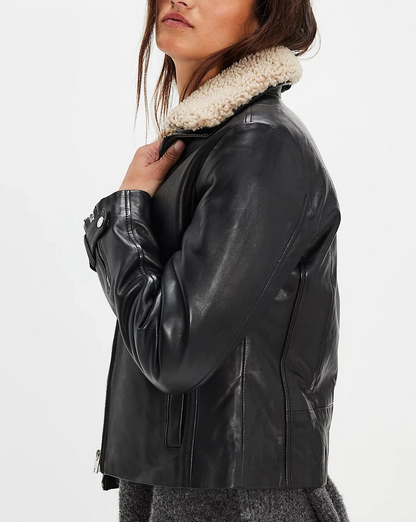 Tammy Cf black leather jacket with contrasting faux sherpa collar from MAURITIUS collection