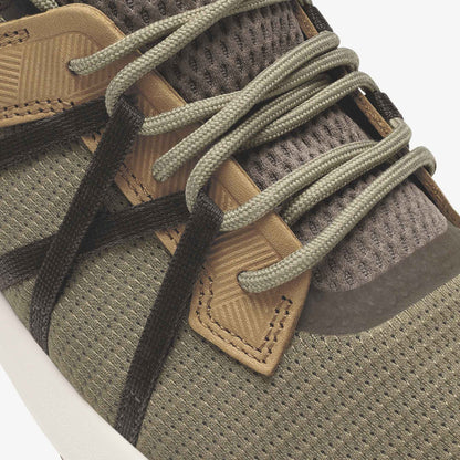Mio Li M - Mustang/DK Java sneaker close-up with brown geometric mesh and tan accents by OLUKAI
