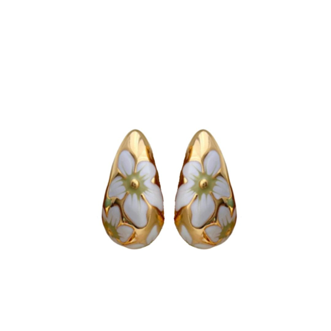 Flower teardrop earrings in dark multi enamel: blue and purple blooms on gold tone.