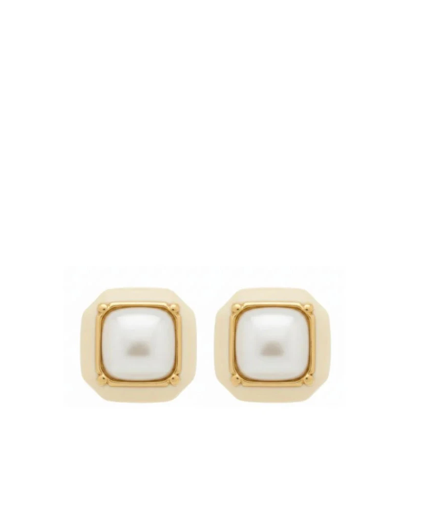 Gold square earrings with white pearls on a white background
