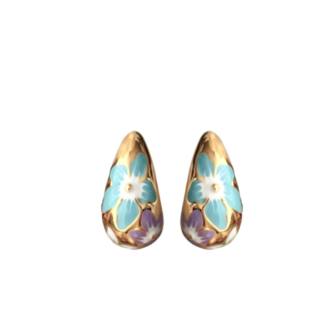 Flower teardrop earrings in dark multi enamel: blue and purple blooms on gold tone.