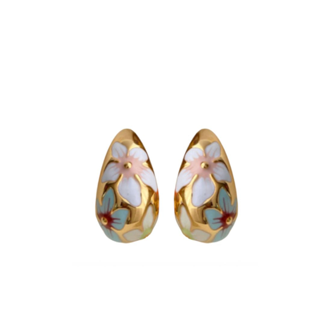 Flower teardrop earrings in dark multi enamel: blue and purple blooms on gold tone.