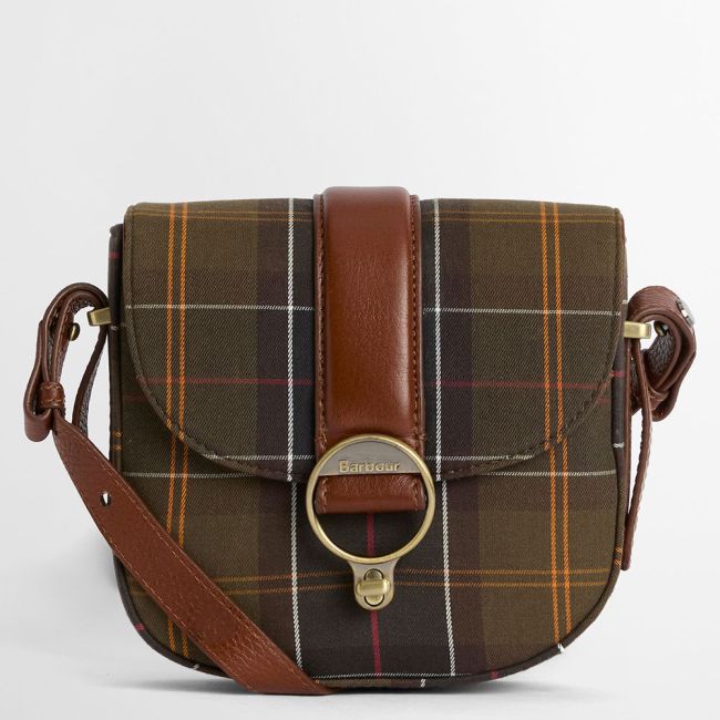Elm Tartan Crossbody Bag with plaid cotton canvas, leather strap, and aged brass buckle closure