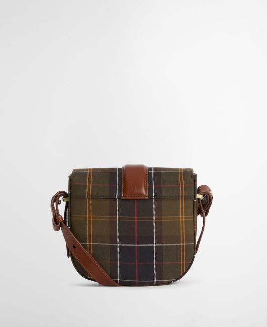 Elm Tartan Crossbody Bag with plaid cotton canvas, leather strap, and aged brass turn lock closure