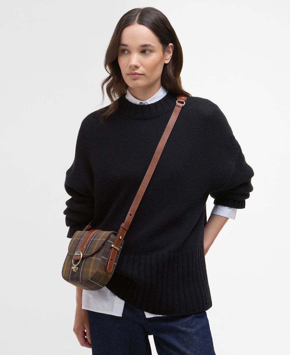 Elm Tartan Crossbody Bag in plaid cotton canvas with leather strap and aged brass buckle closure