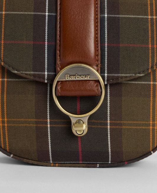 Elm Tartan Crossbody Bag with plaid cotton canvas, brown leather strap and aged brass buckle closure