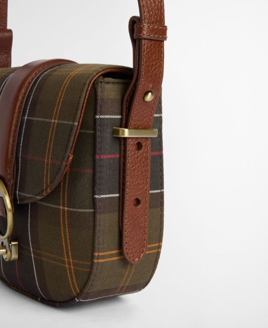Elm Tartan Crossbody Bag with plaid cotton canvas, leather strap, and aged brass buckle by BARBOUR INC.