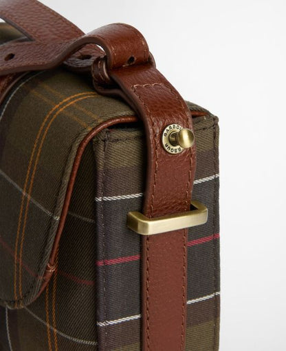 Elm Tartan Crossbody Bag with plaid cotton canvas, brown leather strap, and aged brass hardware closure