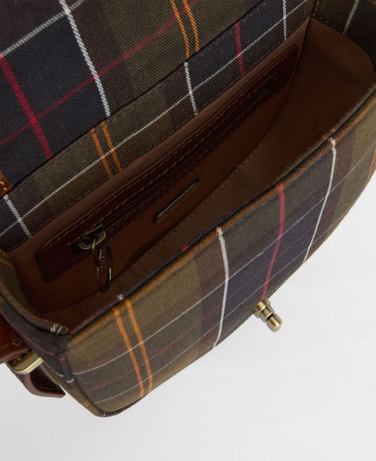 Elm Tartan Crossbody Bag interior with plaid cotton canvas, leather trim, and aged brass turn lock closure